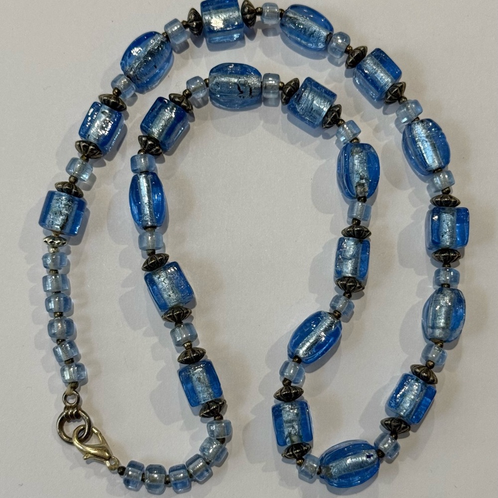 Blue Art Glass Beaded Silver Tone Necklace